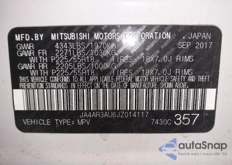 2018 Mitsubishi Outlander Sport 2.0 Es z USA, uszkodzony, nr VIN JA4AR3AU6JZ014117